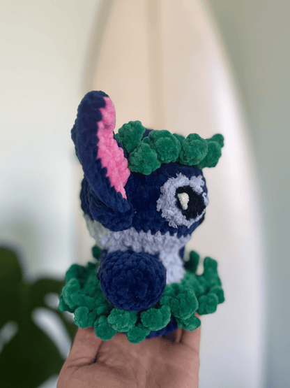 Blue Stitch crochet plush toy showing floppy ears and handmade amigurumi details