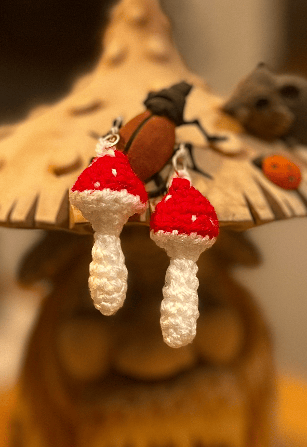 Handmade crochet toadstool earrings crochet mushroom earrings cottagecore jewellery whimsical handmade accessories UK