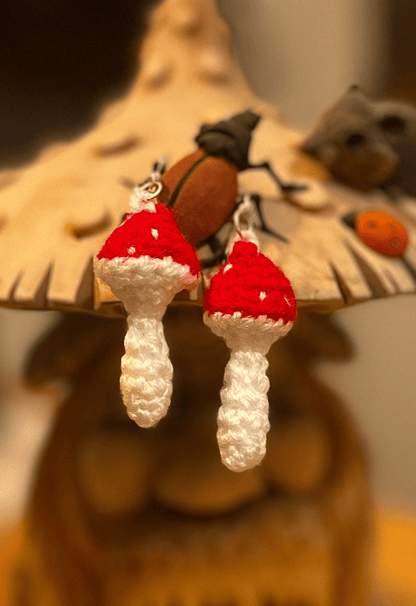 Handmade crochet toadstool earrings crochet mushroom earrings cottagecore jewellery whimsical handmade accessories UK