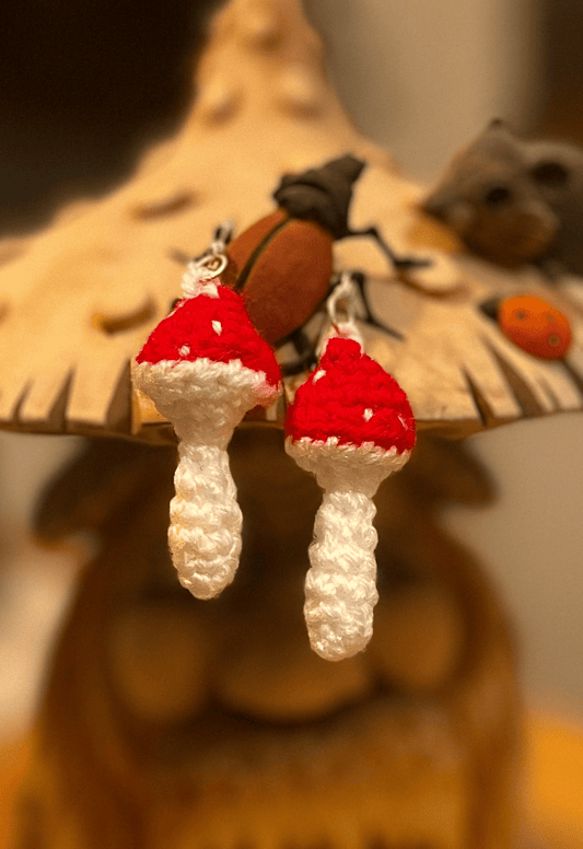 Handmade crochet toadstool earrings crochet mushroom earrings cottagecore jewellery whimsical handmade accessories UK