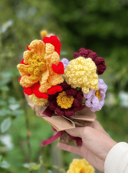 Autumn crochet flower bouquet with handmade chrysanthemums, dahlias and asters in warm seasonal colours