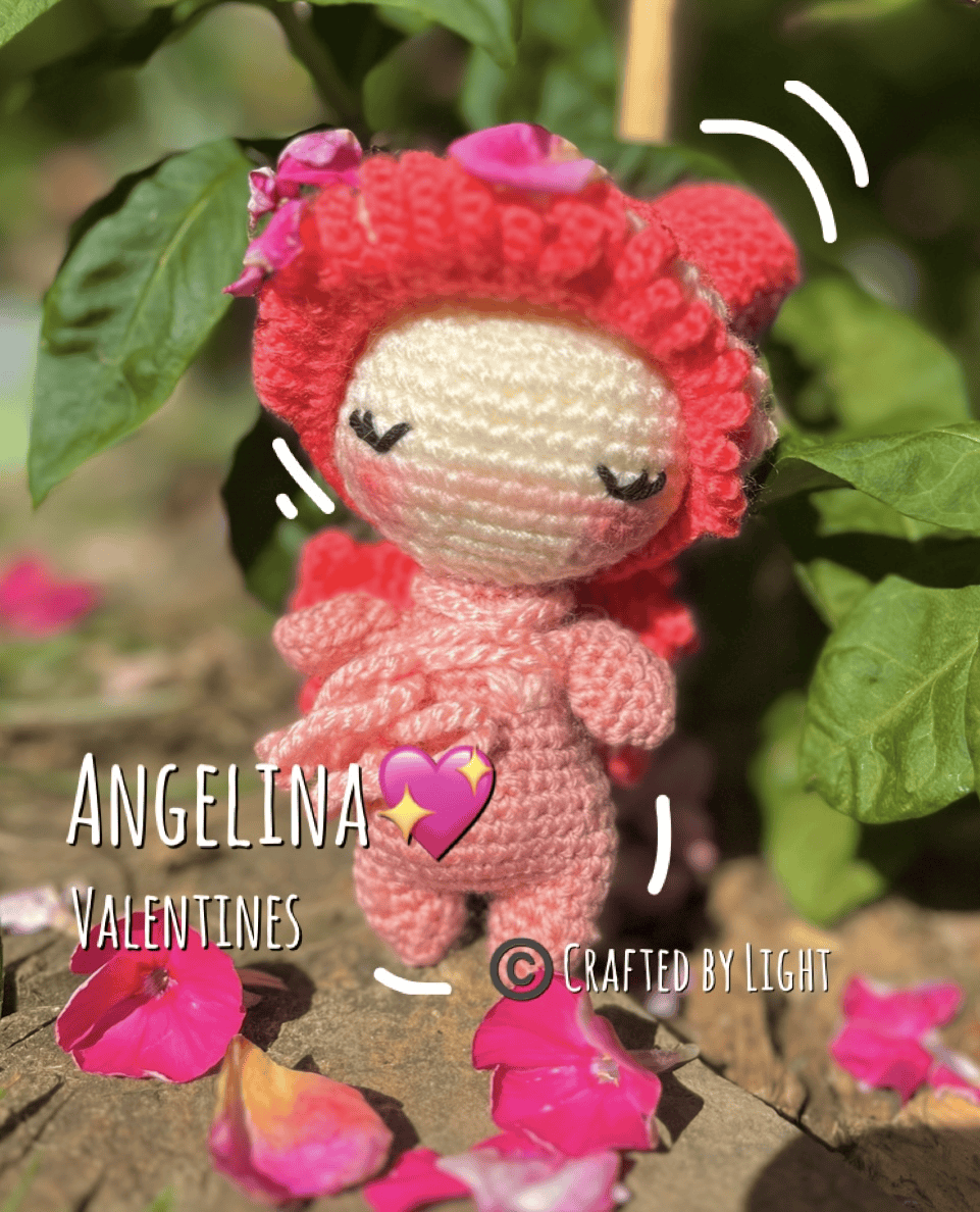 Angelina the Valentine's Angel handmade crochet character, Valentine's Day decor and companion
