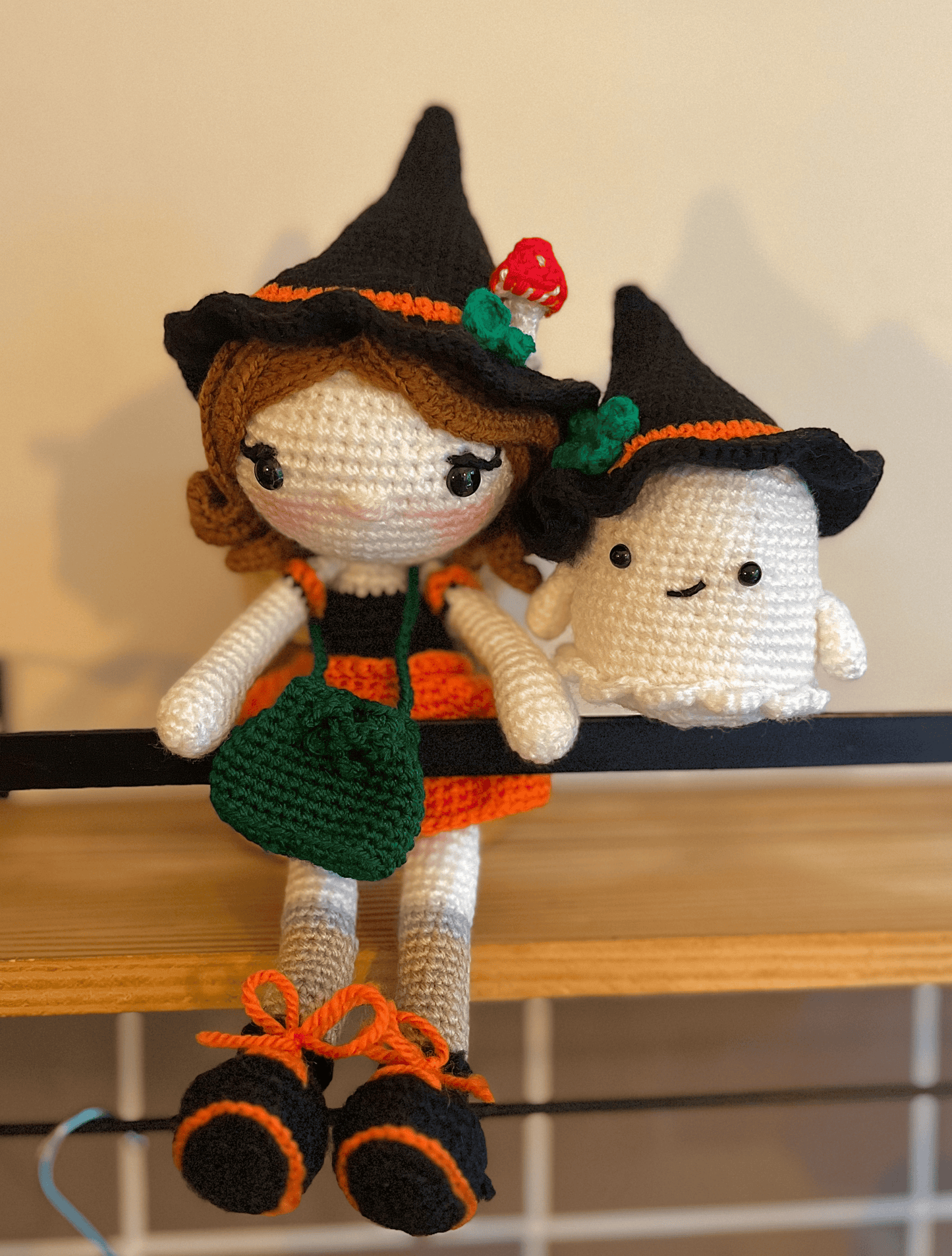 Heather the Foraging Witch and Tinker the Ghost crochet set, handmade cottagecore Halloween decor