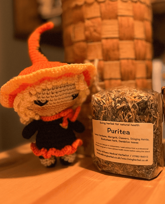 Helga crochet witch companion paired with Puritea loose leaf herbal tea gift set