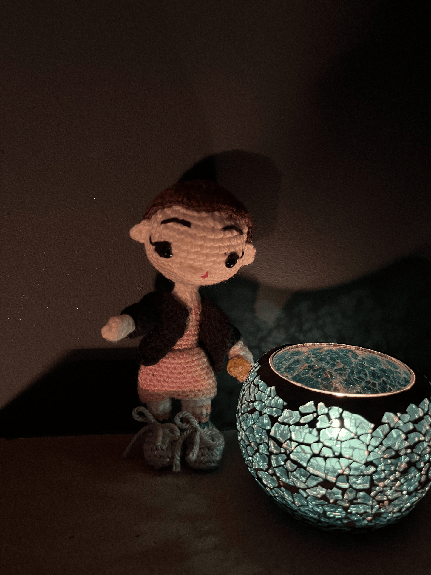Handmade crochet Eleven from Stranger Things display figure, fan-made character collectible for Stranger Things fans