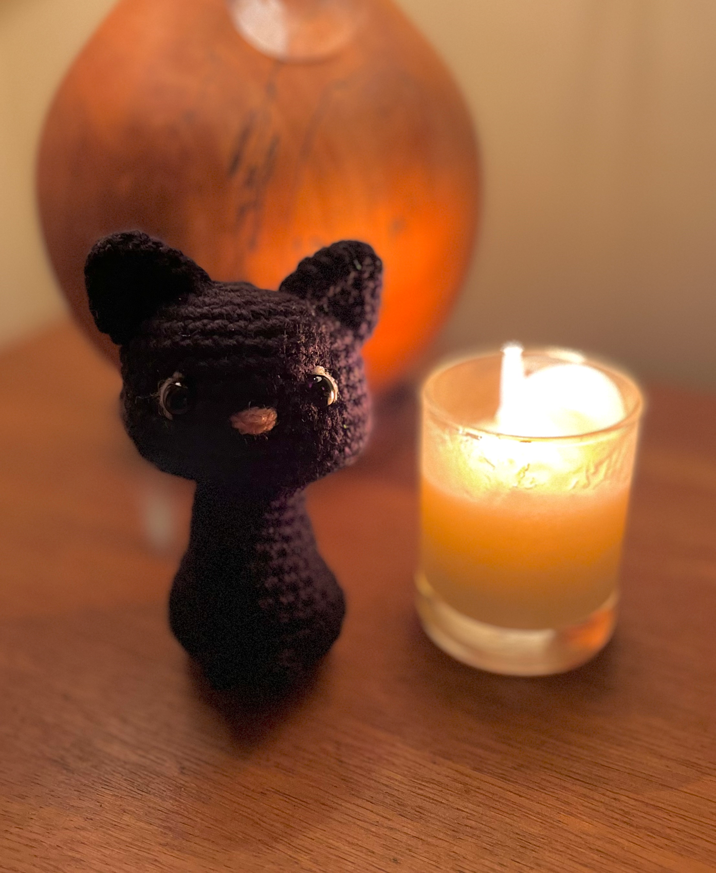 Cute witchy black cat amigurumi, handmade crochet Halloween plush and spooky display toy