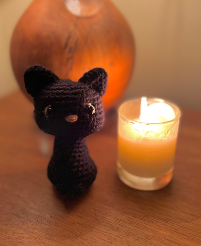 Cute witchy black cat amigurumi, handmade crochet Halloween plush and spooky display toy
