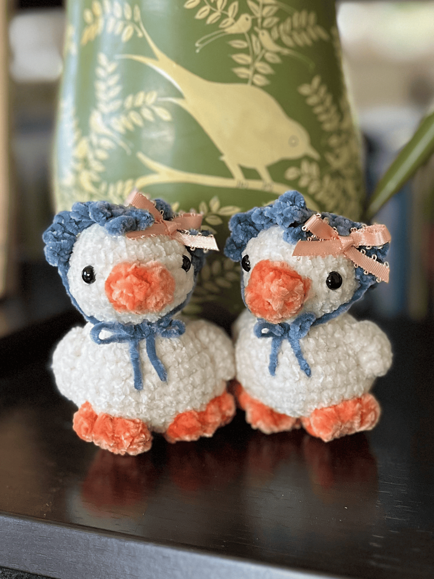 Small chenille crochet duckling plush with handmade bandana for spring and Easter