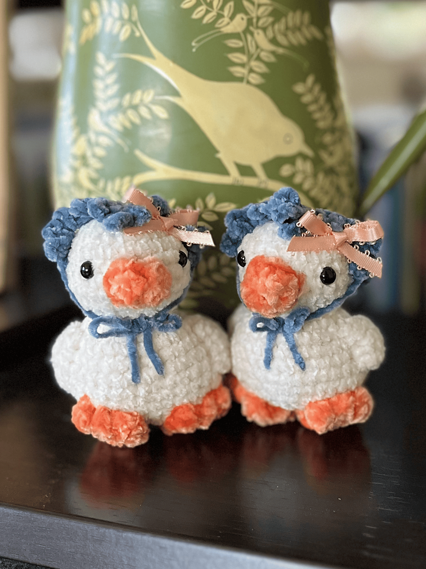 Small chenille crochet duckling plush with handmade bandana for spring and Easter