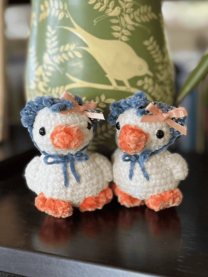 Small chenille crochet duckling plush with handmade bandana for spring and Easter