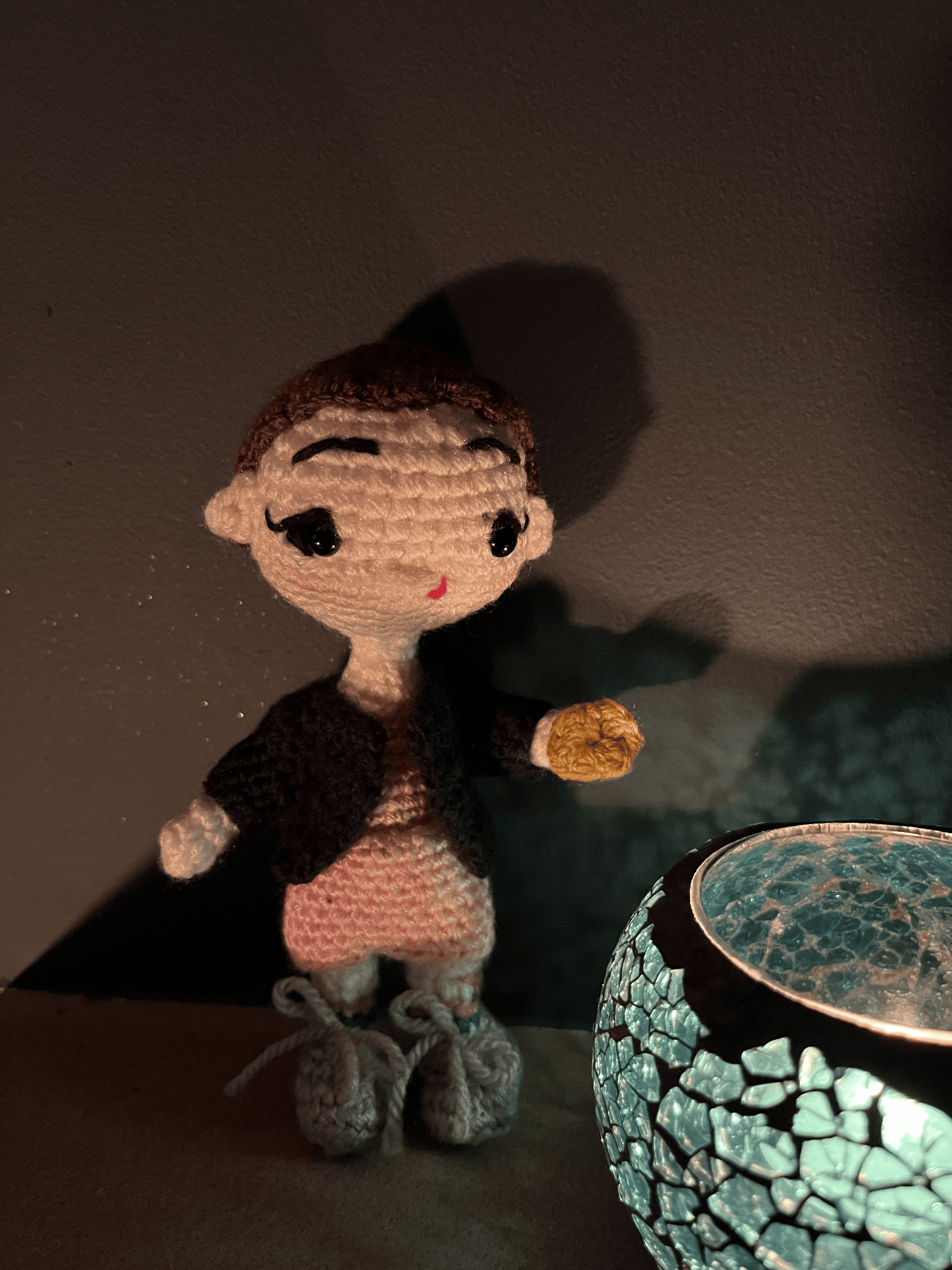 Handmade crochet Eleven from Stranger Things display figure, fan-made character collectible for Stranger Things fans