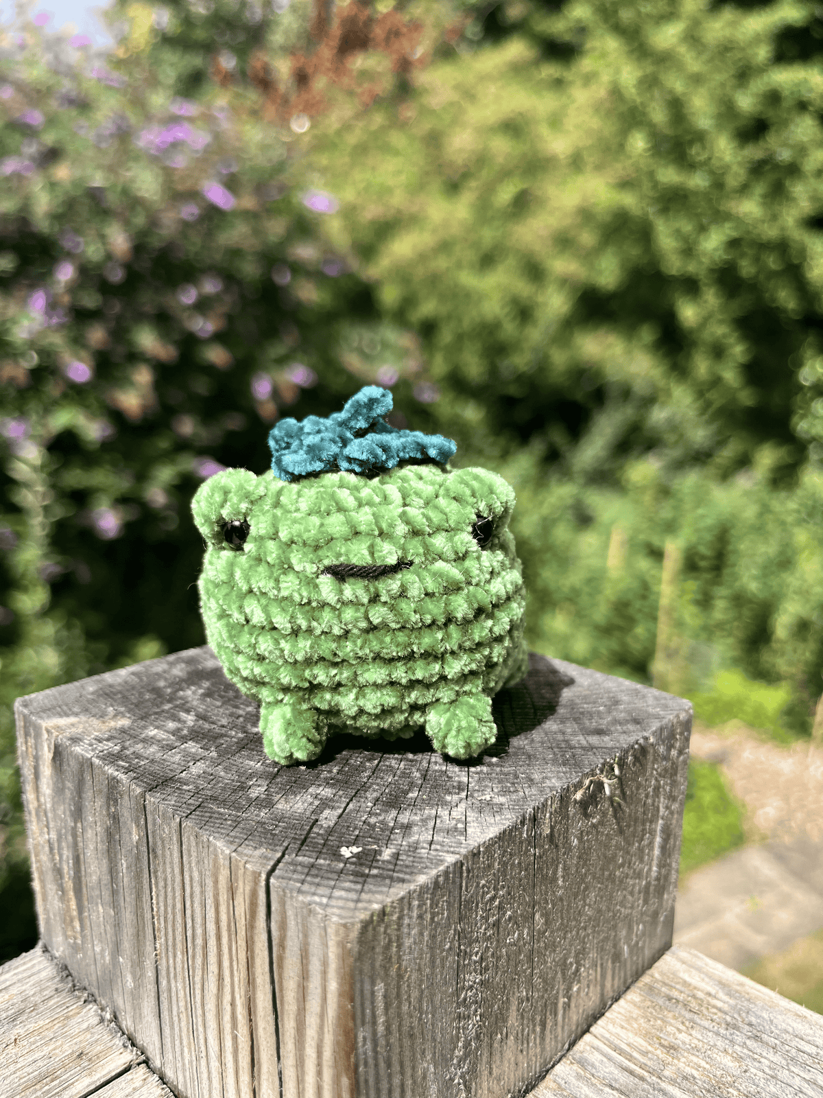 Green Toadmato handmade crochet frog and toad plushie in chenille yarn