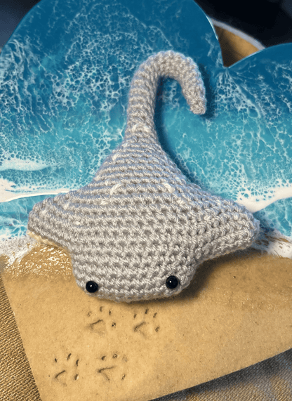 Crochet Reef Manta Ray keychain, handmade grey manta ray ocean accessory and marine life bag charm
