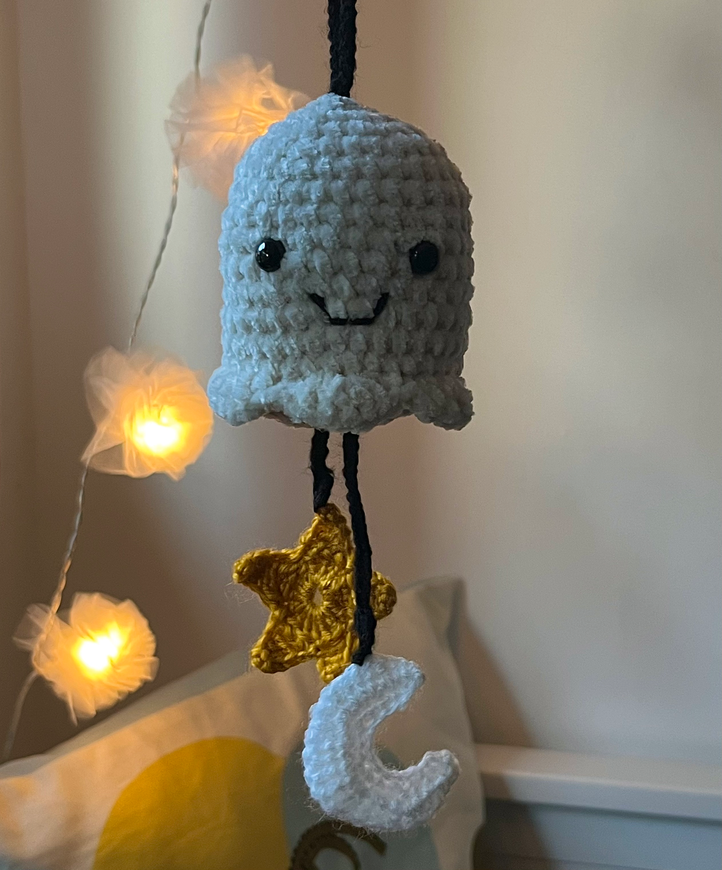 Stars and Moon ghost hanging decoration, handmade crochet Halloween home decor