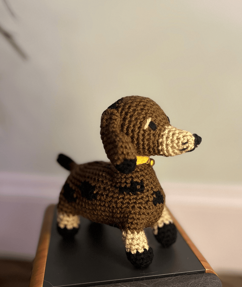 Handmade crochet sausage dog commission custom amigurumi dog plush personalised crochet pet keepsake UK