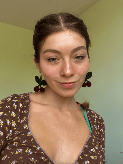 Handmade crochet cherry earrings cute fruit jewellery lightweight crochet statement earrings cottagecore accessories UK