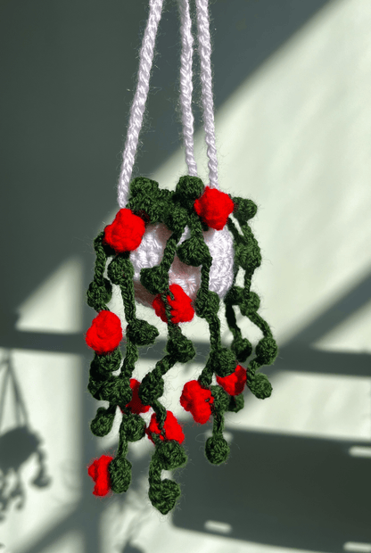 Handmade Crochet Flower Hanging Basket Rose and Mandevilla Crochet Home Decor Mother's Day Gift for Mum Cottagecore Decoration UK