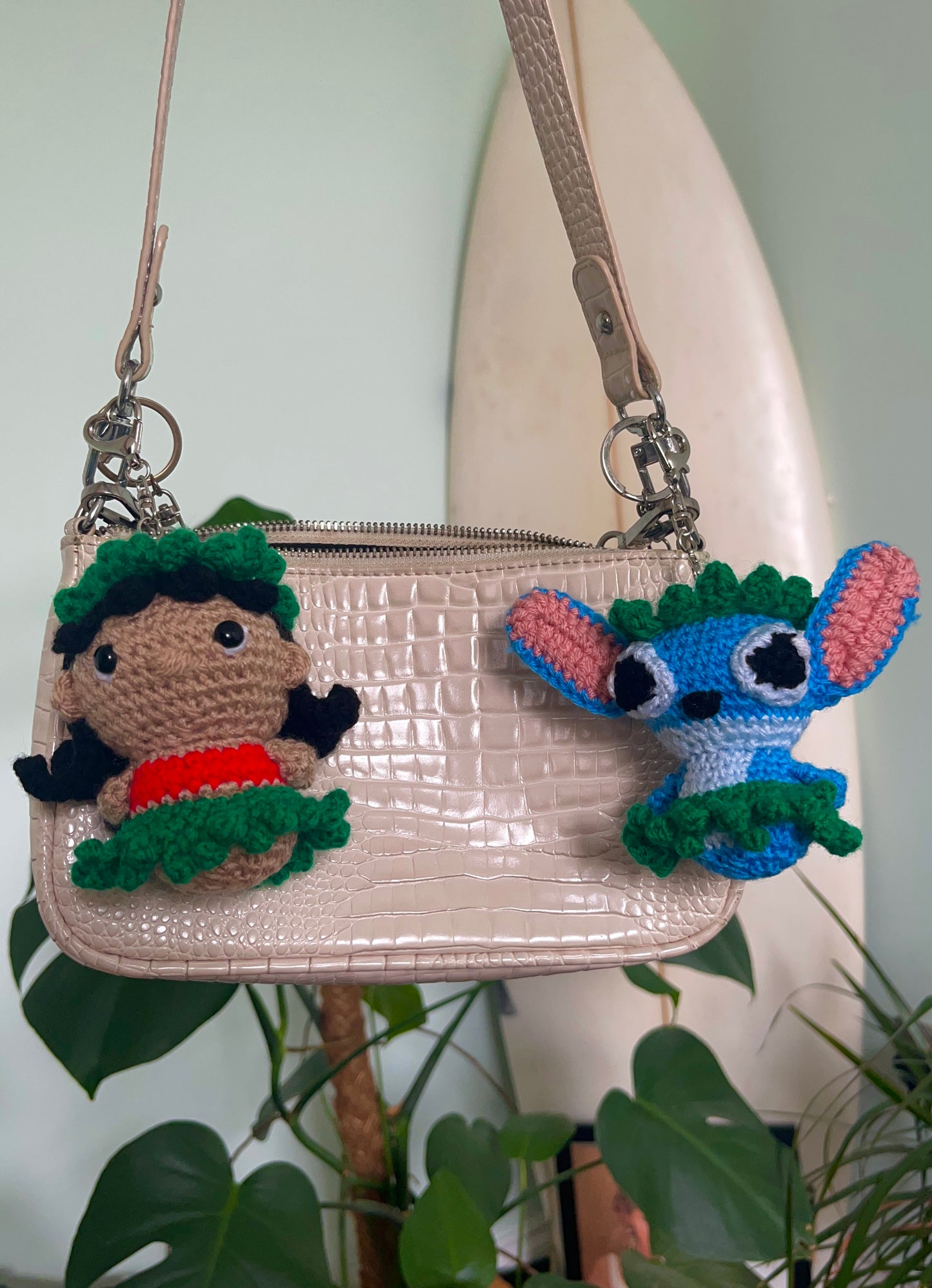 Lilo and Stitch crochet keyrings attached to a bag, handmade Lilo & Stitch accessories