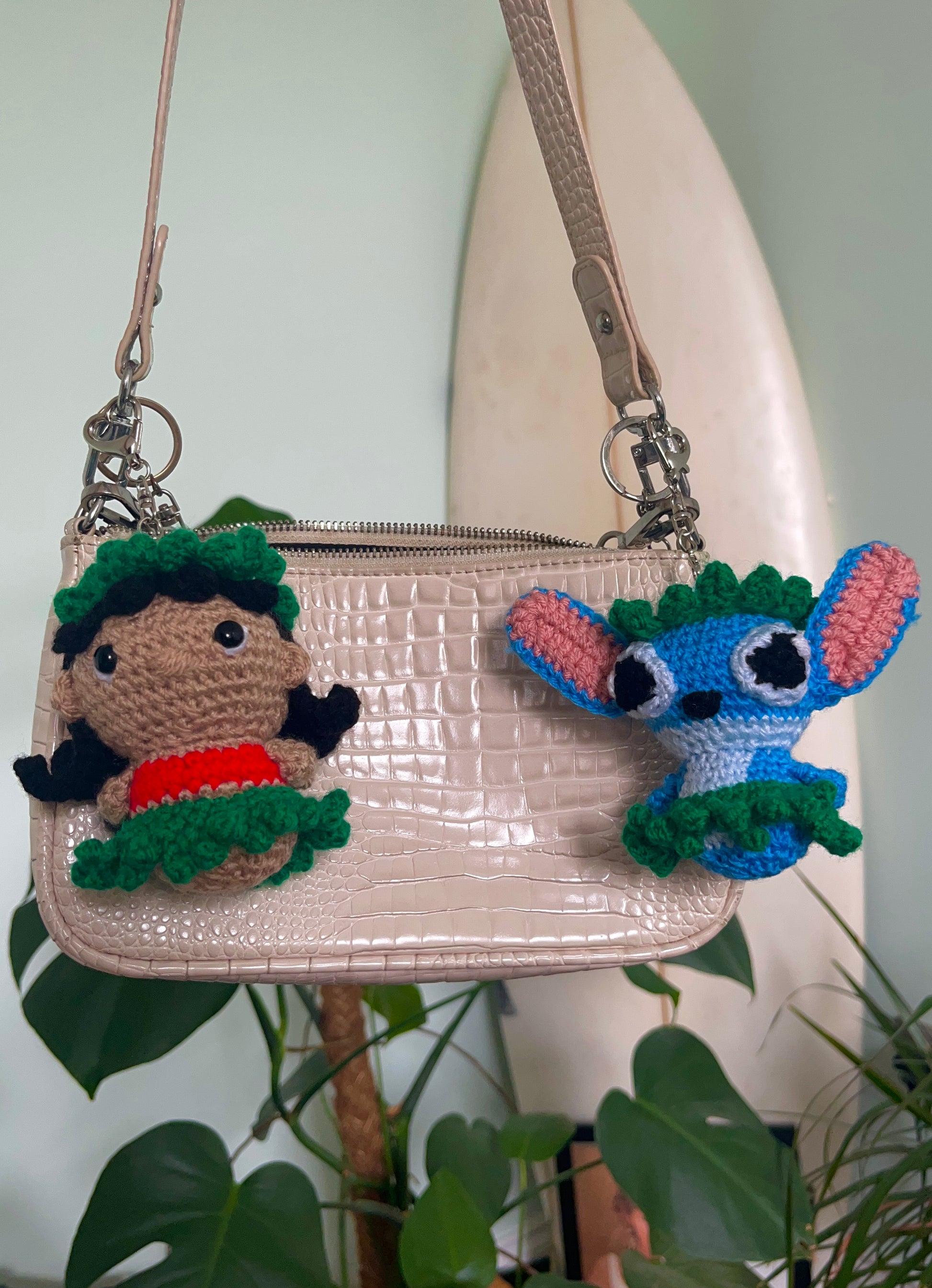 Lilo and Stitch crochet keyrings attached to a bag, handmade Lilo & Stitch accessories