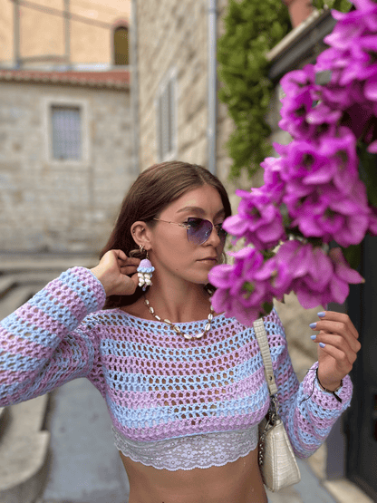 Limited edition handmade crochet jellyfish earrings with decorative embellishments in gold and silver ocean statement jewellery UK