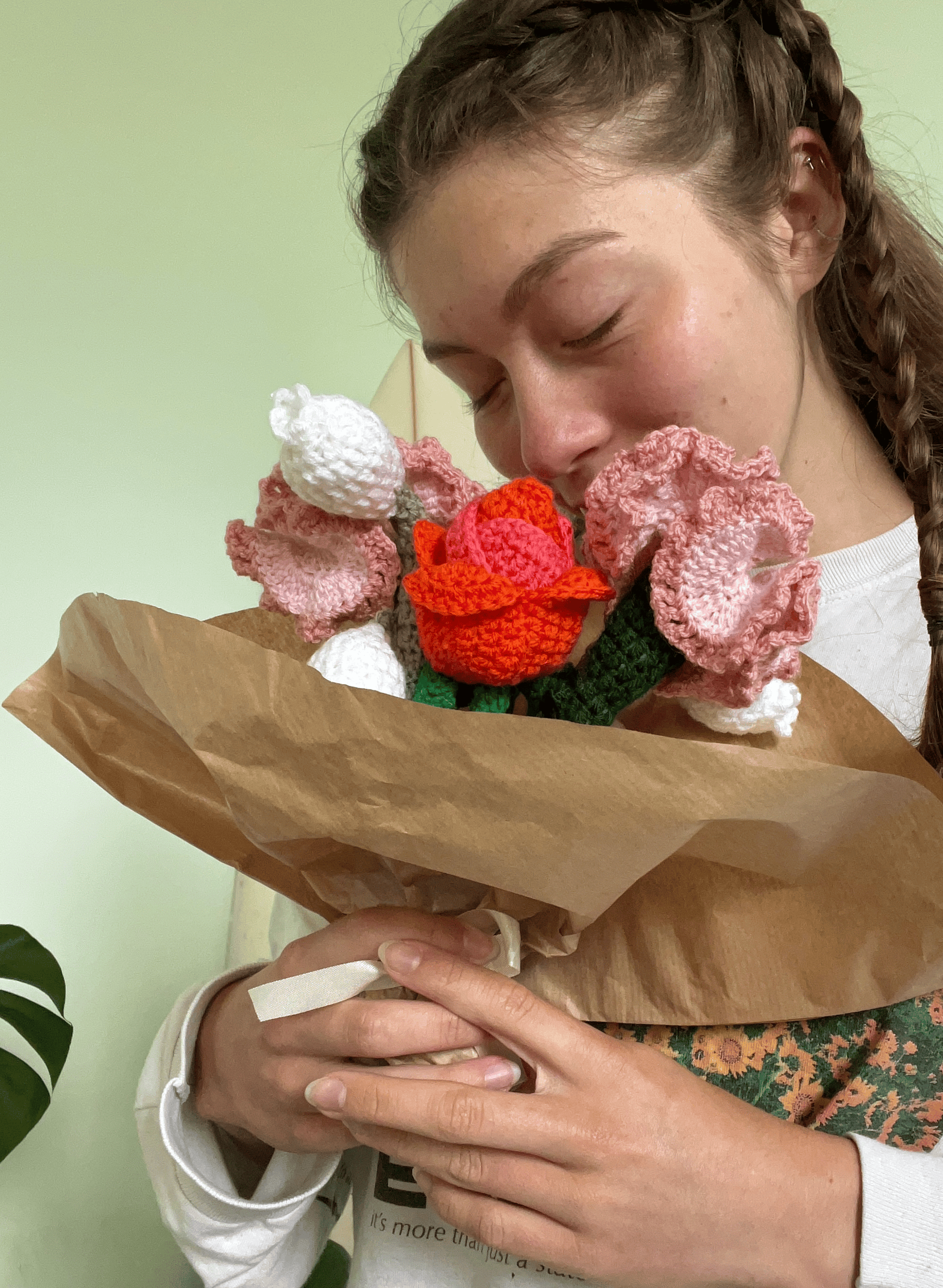 Crochet flower bouquet featuring handmade carnations, tulips and lily of the valley, everlasting spring home decor