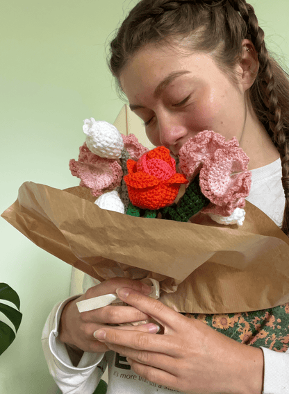 Crochet flower bouquet featuring handmade carnations, tulips and lily of the valley, everlasting spring home decor