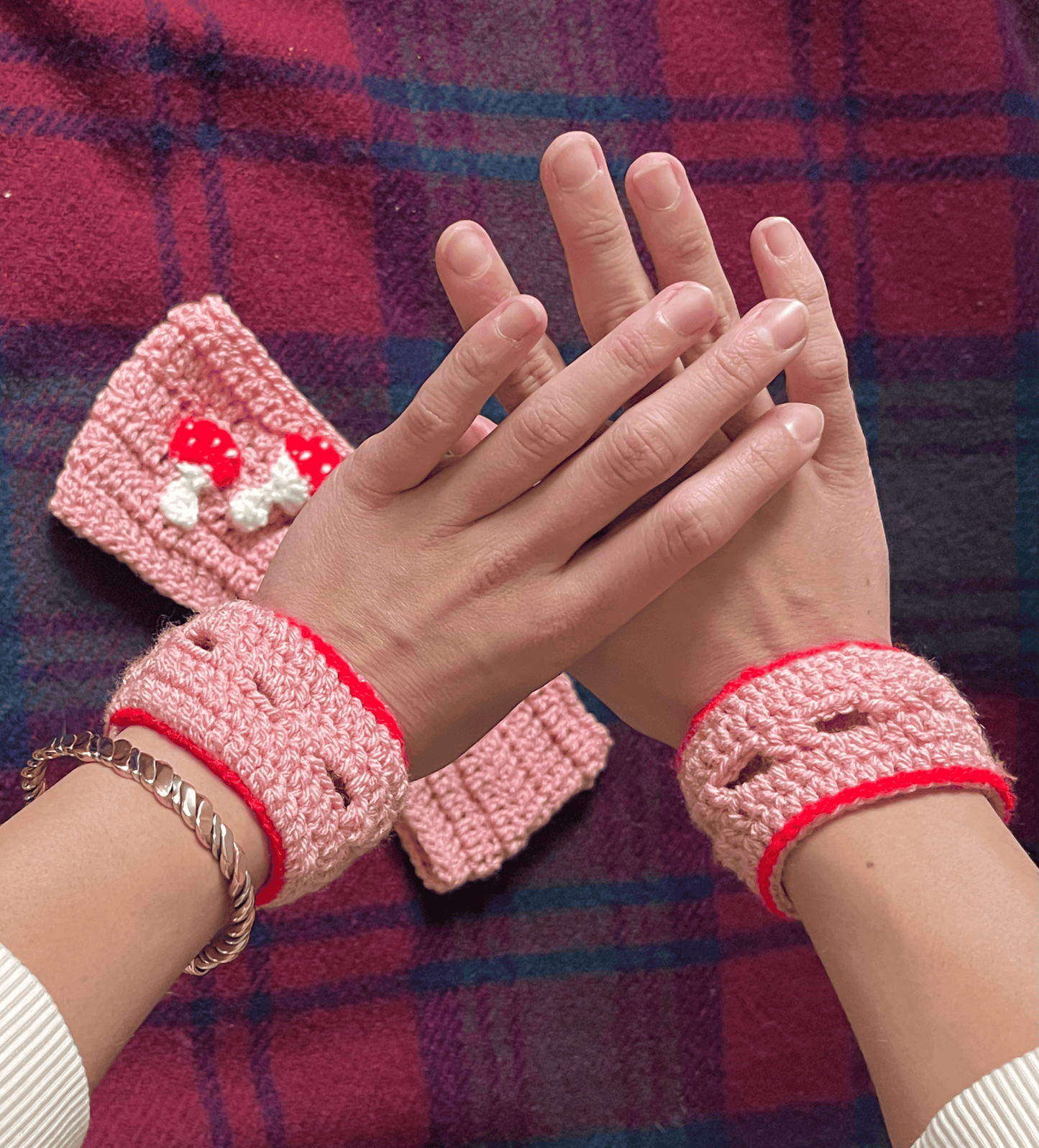 Matching crochet mushroom wrist warmers, handmade autumn and cottagecore accessories