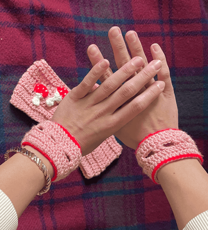 Matching crochet mushroom wrist warmers, handmade autumn and cottagecore accessories