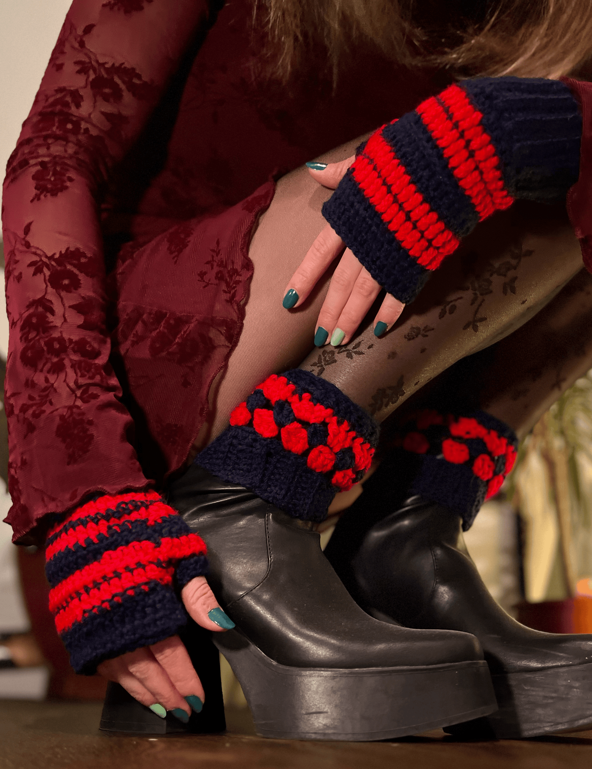 Handmade crochet fingerless gloves and ankle warmers matching winter accessory set, cosy crochet wearables and cold weather fashion