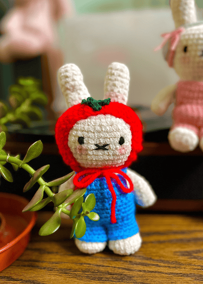 Handmade Crochet Miffy plush in blue dungarees and tomato hat, cute Miffy collectible and character display toy