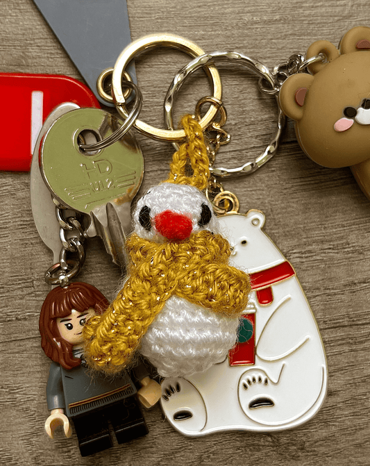 Mini handmade crochet snowman keychain, cute Christmas keyring, festive bag charm and miniature Christmas tree decoration