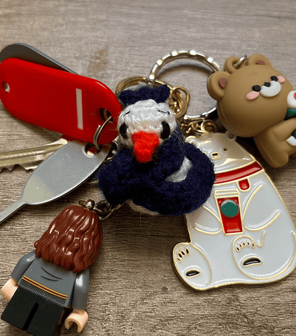 Mini handmade crochet snowman keychain, cute Christmas keyring, festive bag charm and miniature Christmas tree decoration