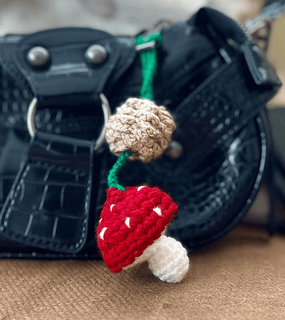 Crochet mushroom and pine cone keychain, handmade autumn woodland accessory and cottagecore bag charm