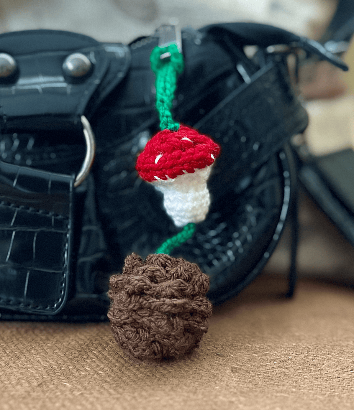 Crochet mushroom and pine cone keychain, handmade autumn woodland accessory and cottagecore bag charm