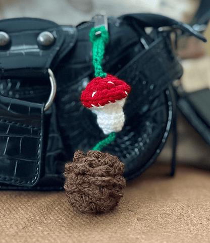 Crochet mushroom and pine cone keychain, handmade autumn woodland accessory and cottagecore bag charm