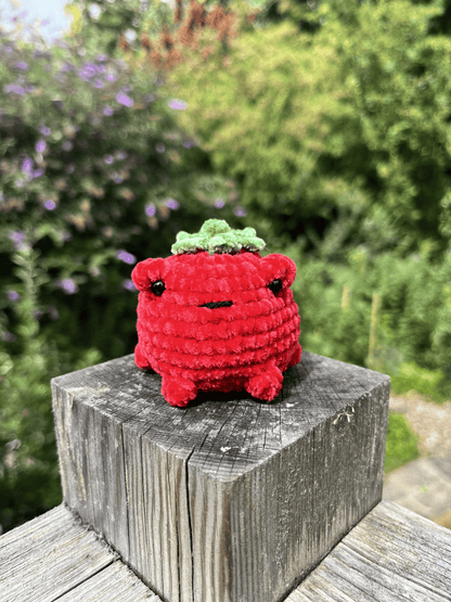 Red Toadmato handmade crochet tomato toad plushie in soft chenille yarn