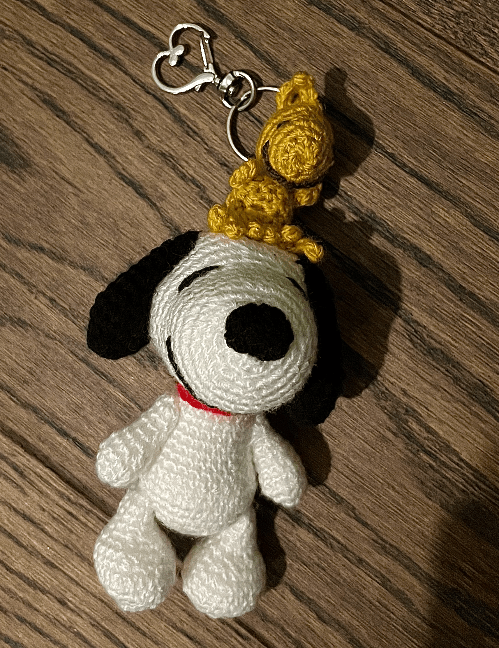 Handmade crochet Snoopy and Woodstock keyring, Peanuts character keychain, cute bag charm and fan accessory