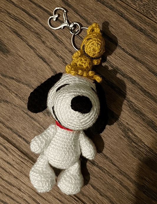 Handmade crochet Snoopy and Woodstock keyring, Peanuts character keychain, cute bag charm and fan accessory