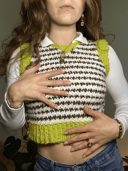 Handmade cropped crochet sweater vest with textured crochet design, women's crochet clothing and unique layering piece