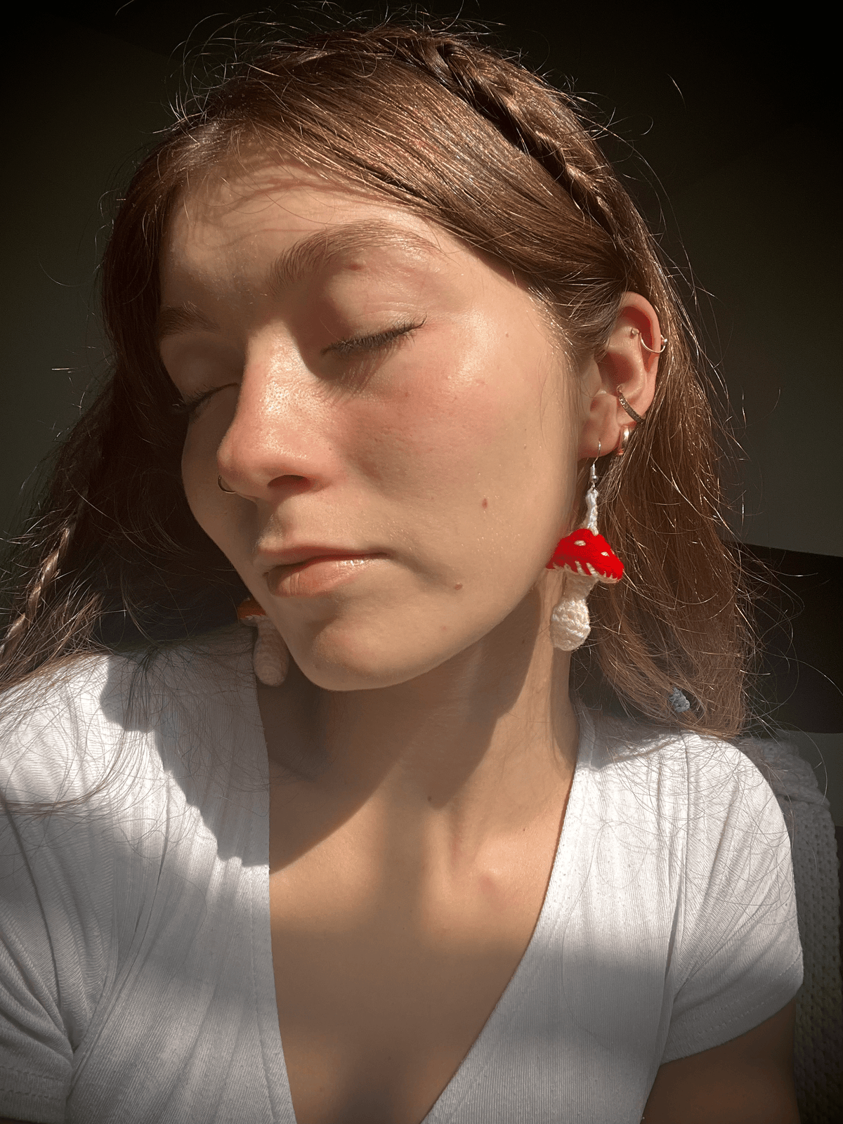 Handmade crochet toadstool earrings crochet mushroom earrings cottagecore jewellery whimsical handmade accessories UK
