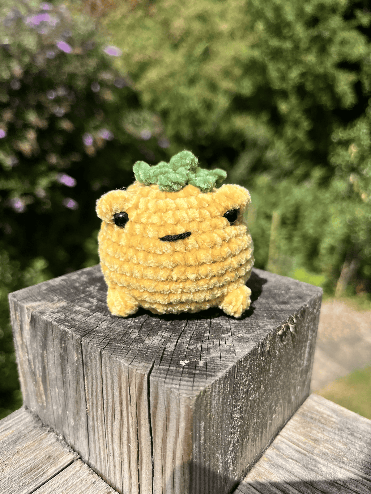 Close-up of handmade Toadmato crochet toad plush showing soft chenille yarn texture